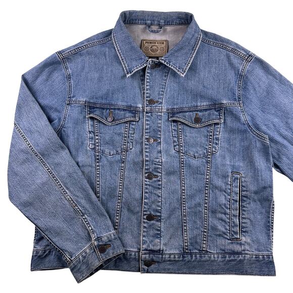 Eddie Bauer Trucker Jean Jacket Mens XL Denim Blue Cowboy motorcycle Grunge - Picture 1 of 14